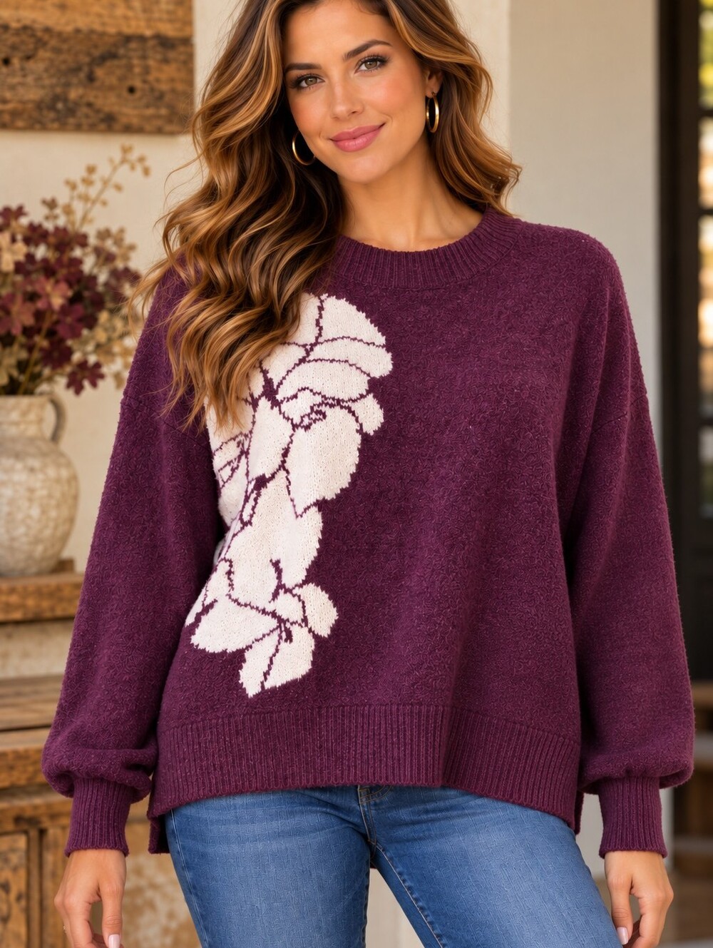 Wonderly Flower Intarsia Sweater Floral Crewneck Purple & White 2X NWT